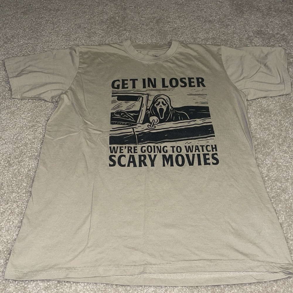 Scream Ghostface Get In Loser Scary Movies Graphic T-Shirt Tan Men L Horror Tee